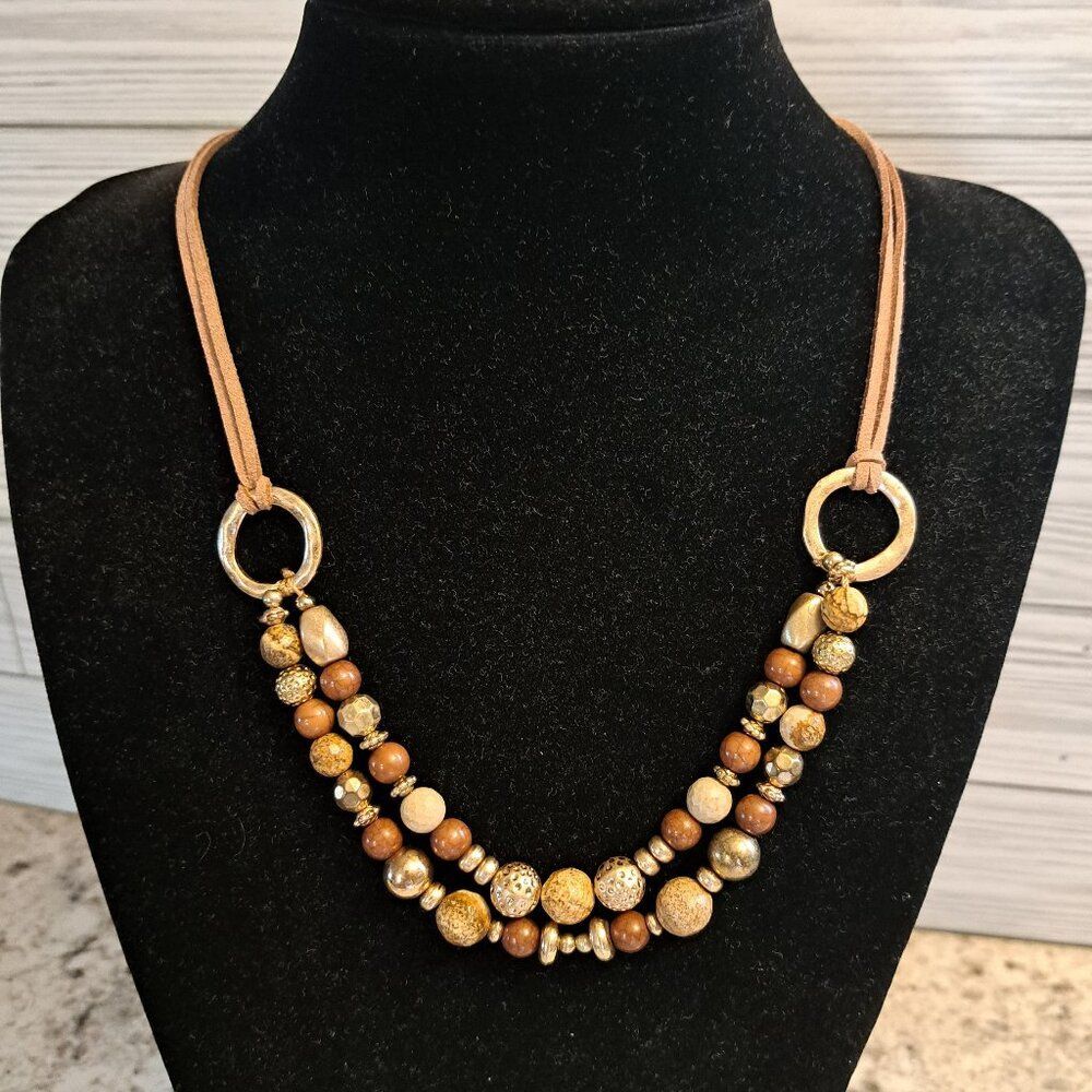 Yousi Double Strand Wooden Bead and Leather Necklace